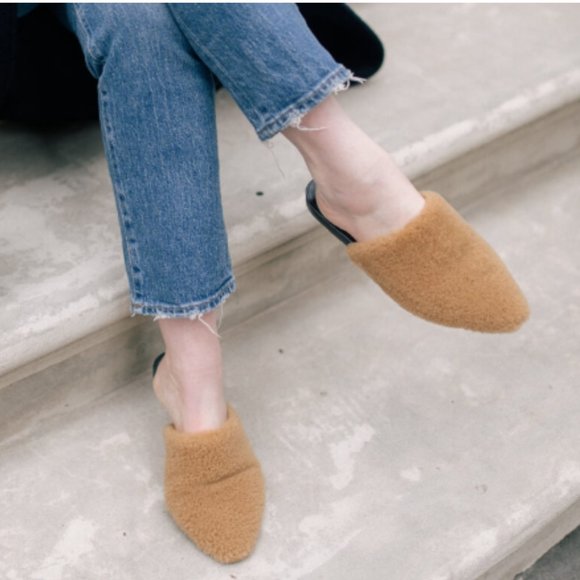 Jenni Kayne Shearling Mules Slip On Flats Semi-Pointed Toe Tan - Picture 2 of 9